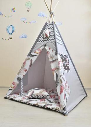 Wigwam baby baby with big feathers, full set, 110x110x180cm, gray, stashing asterisk as a gift5 photo