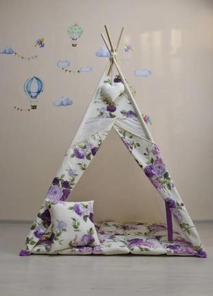 Vigwam wigwam "lilac and roses", for a girl, full set, 110x110x180cm2 photo