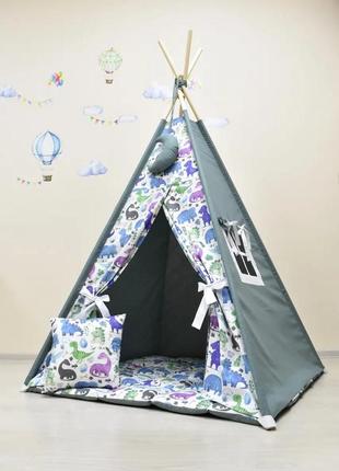 Wigwam baby with dinosaurs, full kit, 110x110x180cm, khaki, suspension month on top of the gift