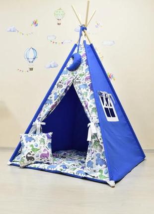 Wigwam baby with dinosaurs, for the boy full kit, 110x110x180cm, blue