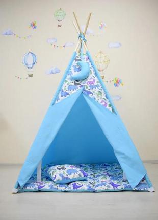 Wigwam baby with dinosaurs, full kit, 110x110x180cm, blue, suspension month on top of the gift5 photo