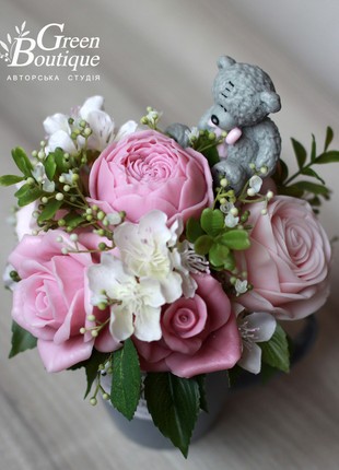 Small interior bouquet with a bear  in a ceramic cup6 photo