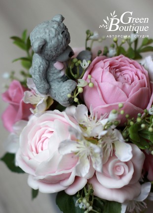 Small interior bouquet with a bear  in a ceramic cup4 photo