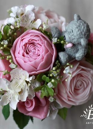Small interior bouquet with a bear  in a ceramic cup8 photo