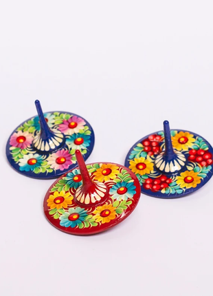 Wooden spinning top, Petrykivka Hand painted – Set of 3 spinning toys1 photo