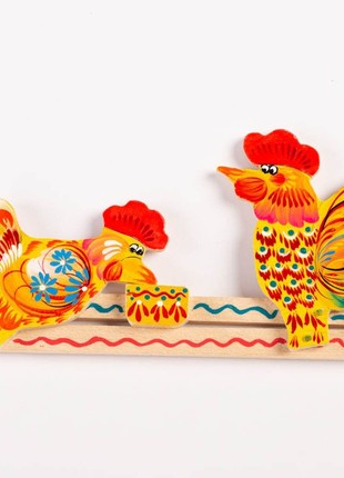 Roosters Toy, Toddler Game, Movable Toy, Petrykivka Hand Painted