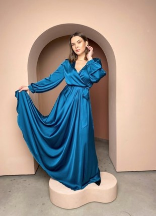 Long Evening Emerald Dress with Long Sleeves / Evening Long Silk Dress with Sleevs2 photo