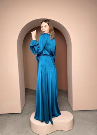 Long Evening Emerald Dress with Long Sleeves / Evening Long Silk Dress with Sleevs4 photo