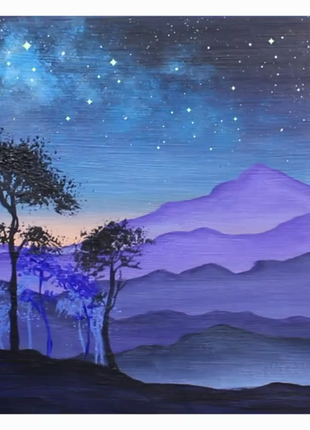 Original Acrylic Painting on Canvas Night Sky and Mountains Landscape Wall Decor Gift Wall Handing