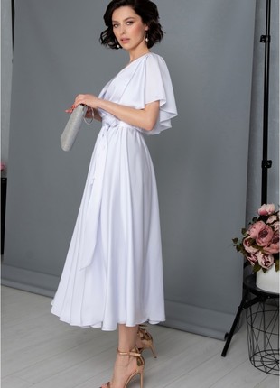 White silk evening dress with short sleeves / Beach midi wedding dresses for Bride2 photo