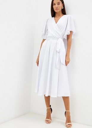 White silk evening dress with short sleeves / Beach midi wedding dresses for Bride3 photo