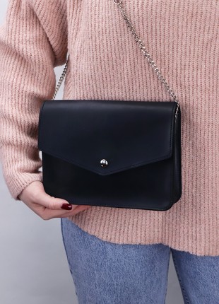 Leather shoulder bag for women / Casual clutch with chain strap / Black - 10243 photo