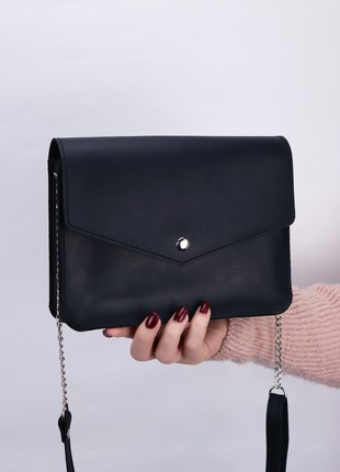 Leather shoulder bag for women / Casual clutch with chain strap / Black - 10242 photo
