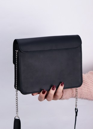 Leather shoulder bag for women / Casual clutch with chain strap / Black - 10247 photo