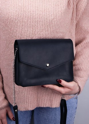 Leather shoulder bag for women / Casual clutch with chain strap / Black - 10248 photo