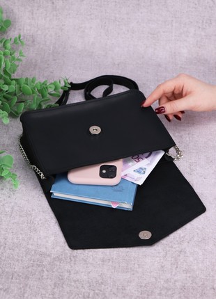 Leather shoulder bag for women / Casual clutch with chain strap / Black - 10249 photo