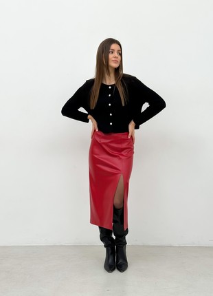 Red leather pencil skirt with a cut on the leg4 photo
