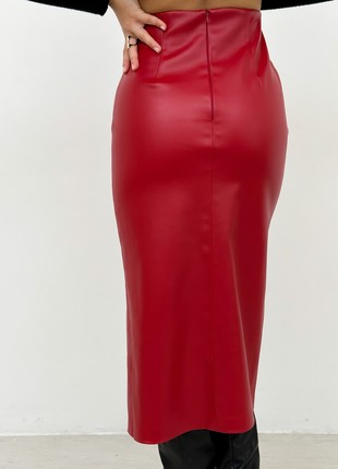 Red leather pencil skirt with a cut on the leg6 photo