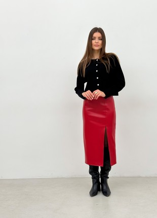 Red leather pencil skirt with a cut on the leg8 photo