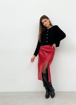 Red leather pencil skirt with a cut on the leg7 photo