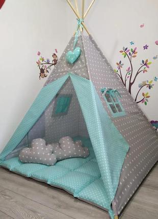 Great wigwam baby with stars, gray-mint, full kit, 150x150x200cm, suspension of the heart as a gift1 photo
