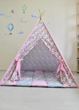 Great wigwam children's with unicorns, for the girl is full of set, 150x150x200cm, gray-pink, suspen3 photo