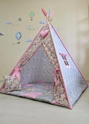 Great wigwam children's with unicorns, for the girl is full of set, 150x150x200cm, gray-pink, suspen