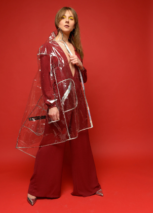 Transparent raincoat with silver edging, vinyl waterproof women's jacket4 photo
