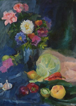 Interior oil painting still life fruit vegetables "Flowers" without a frame gift