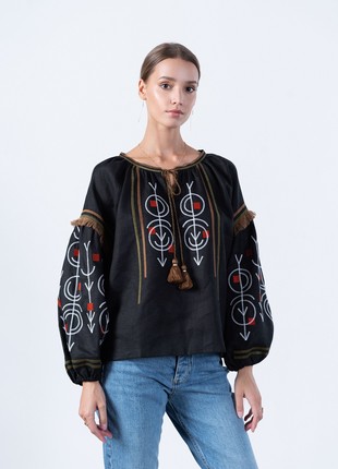 Linen embroidered shirt in black GEO