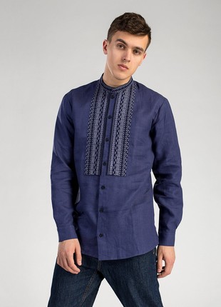 Men's embroidered shirt from blue linen on buttons ED6