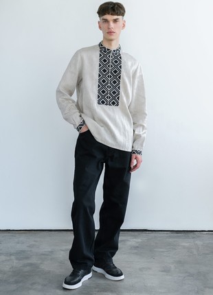 Men's shirt from gray linen with embroidered black rhombs ED13 photo
