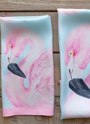 Designer Silk Scarf "Pink Birds of Summer Paradise"5 photo