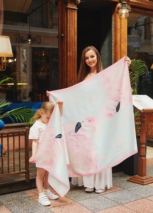 Designer Silk Scarf "Pink Birds of Summer Paradise"3 photo