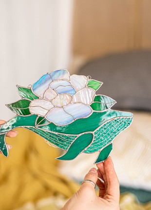 Whale with flowers Suncatcher Stained Glass Decor Turquoise Home House Window Wall Hangings3 photo