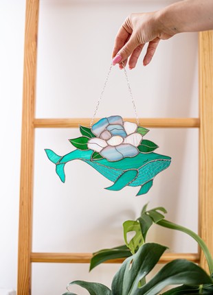 Whale with flowers Suncatcher Stained Glass Decor Turquoise Home House Window Wall Hangings4 photo
