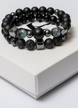 Shungite, obsidian, lava stone, hematite double bracelet for men or women, natural beads 8 mm2 photo
