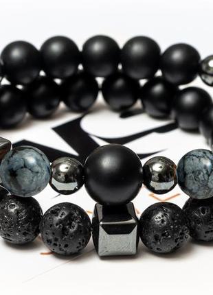 Shungite, obsidian, lava stone, hematite double bracelet for men or women, natural beads 8 mm3 photo