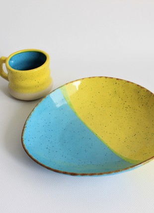 dinnerware sets ceramic, plate and bowl handmade, blue and yellow small salad bowl