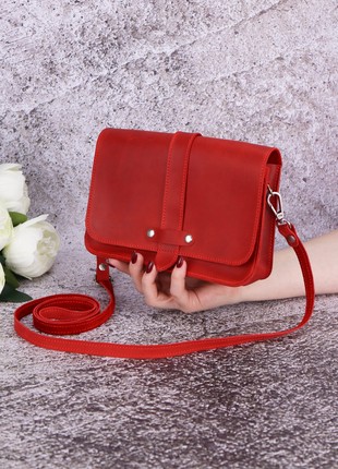 Small women's leather crossbody bag / Shoulder bag with one compartment / Red - 10218 photo