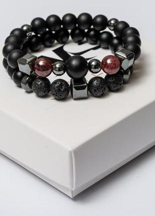 Shungite, garnet, lava stone, hematite double bracelet for men or women, natural stone beads 8 mm2 photo