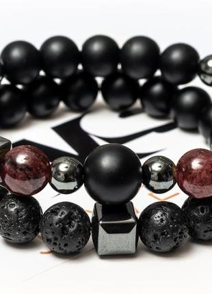 Shungite, garnet, lava stone, hematite double bracelet for men or women, natural stone beads 8 mm3 photo