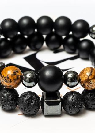 Shungite, landscape jasper, lava, hematite double bracelet, big stone yellow3 photo