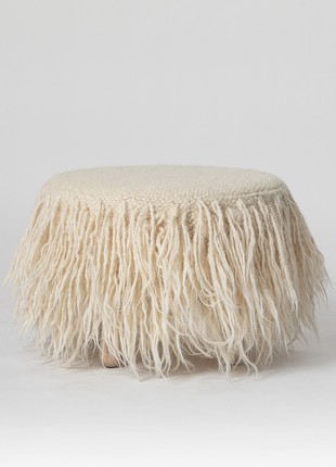 White woolen Pouf with wooden legs