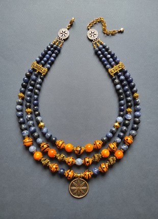 Necklace "Ukrainian sunset" from glass beads and sodalite1 photo