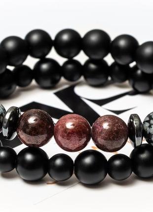 Shungite, garnet, obsidian, hematite double bracelet3 photo
