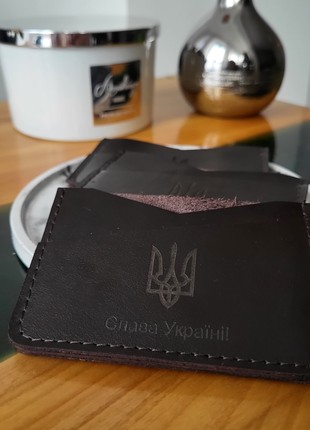 Black leather card holder with the coat of arms of Ukraine2 photo