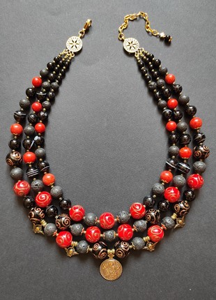 Necklace "Ukrainian indestructibility" from glass beads, agate, lava and coral
