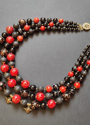 Necklace "Ukrainian indestructibility" from glass beads, agate, lava and coral3 photo