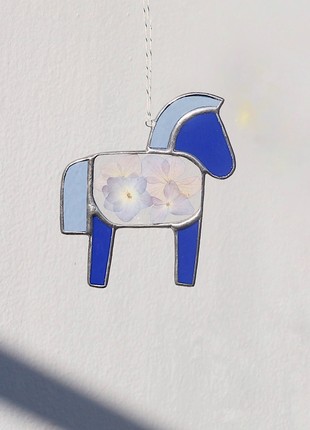 Horse stained glass wall hanging art, window suncatcher decor, blue